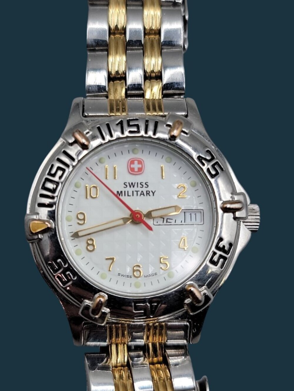 Vtg Wenger Swiss Military Ladies Watch Two Tone Day Date 29mm White Dial 6.25" - Picture 7 of 11